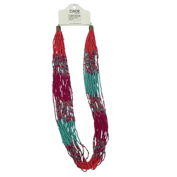 Esmor Multicolor Beaded Statement Necklace – Coral, Teal & Magenta Layers - Picture 1 of 8